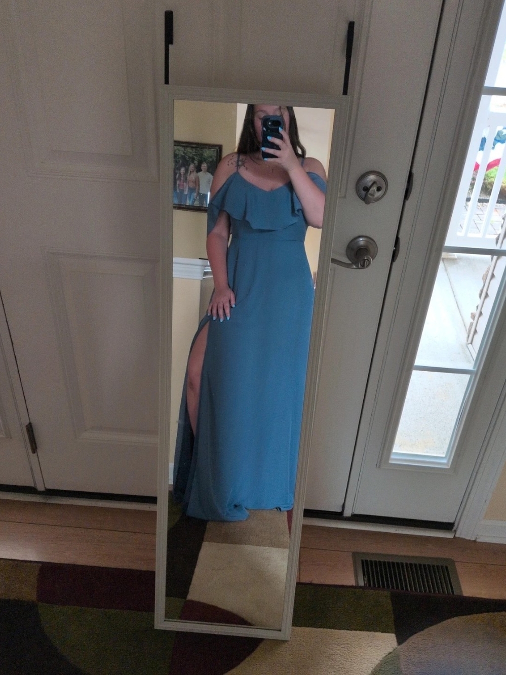 Off-Shoulder Blue Maxi Dress with Side Slit